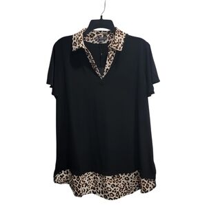 Adrianna Papell Black Blouse with Leopard Accents - 1X